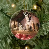 Merry Christmas Nativity Scene in Cathedral Ceramic Ornament