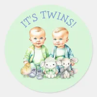 It's Twins! Cute boy twins Baby Shower Treats Classic Round Sticker