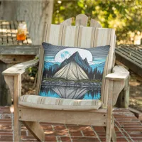 Reflection of a Tent on the Lake in the Mountains Outdoor Pillow