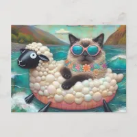 Cute Cat With on Sheep Floatie in Mountain Lake Postcard