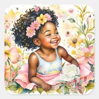 Little Girl in Pink Flowers Personalized Birthday Square Sticker