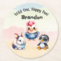 Wild One Happy Fun Woodland Animals Watercolor Round Paper Coaster