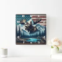 Majestic Moose Against Mountains and American Flag Square Wall Clock