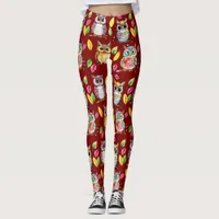 Colorful Woodland Owls and Leaves Watercolor Leggings