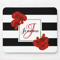 Red Poppies on Black & White Striped Background Mouse Pad