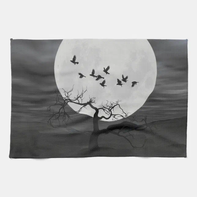 Spooky Ravens Flying Against the Full Moon Kitchen Towel