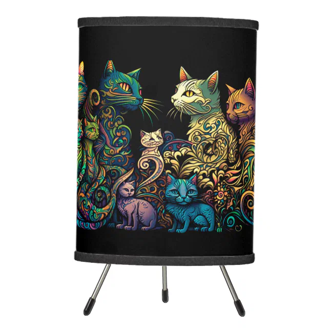 Stylized Cat Tribe Colors on Black Frieze Tripod Lamp