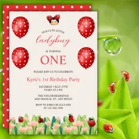 Cute Red Little Ladybug Girls 1st Birthday Theme Invitation