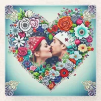 Add Your Picture | Floral Heart Frame Glass Coaster