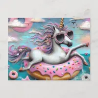 Adorable Unicorn floating on a Glazed Doughnut  Postcard