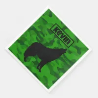 Modern Green Camo Black Wolf Silhouette Monogram | Paper Dinner Napkins