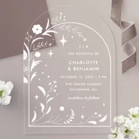 White Floral Starry Night Arch Wedding Acrylic Invitations