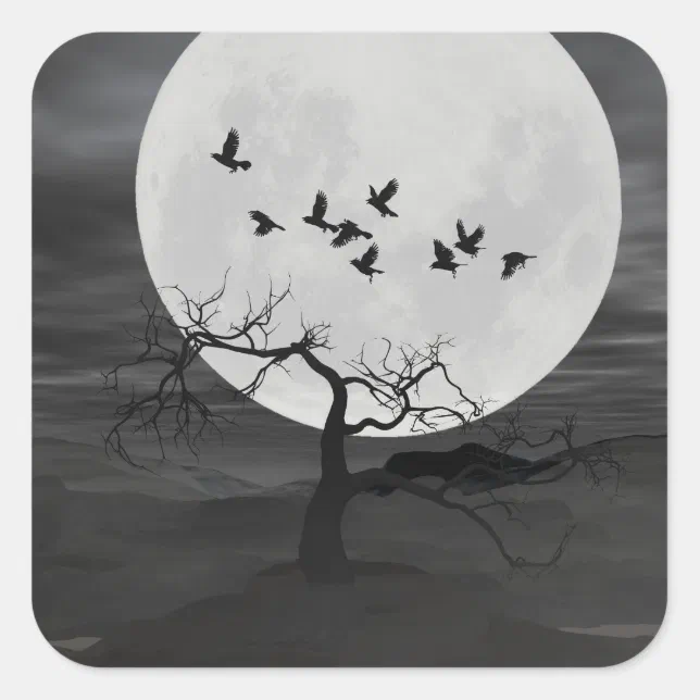 Spooky Ravens Flying Against the Full Moon Square Sticker