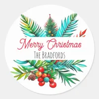 Botanical Pine Merry Christmas Personalized Classic Round Sticker