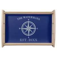 Nautical Compass Rose Navy Blue Family Name Serving Tray