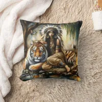 Native American Woman Beside a Tiger by a River Throw Pillow