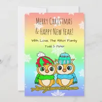 Cute Owl LGBT Couple on Tree Branch Christmas Holiday Card