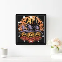 Spooky Halloween scarecrows under a full moon Square Wall Clock