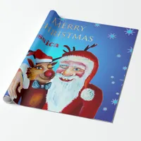 Watercolor Magical Santa Claus Smiling Rudolph Wrapping Paper