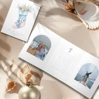 Chinoiserie Seashell Christmas Stocking 2-Photo Tri-Fold Holiday Card