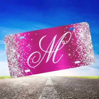 Silver Glitter Shiny Hot Pink Foil Fancy Monogram License Plate