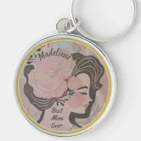 Best Mom Ever Pretty Flowers Gold Frame Round Name Keychain