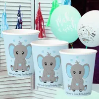 Cute baby elephant in blue, boys birthday  paper cups