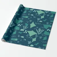 Sting Ray Pattern, Blue Underwater Marine Life Wrapping Paper