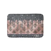 Monogram Metallic Rose Gold & Black Glitter Damask Bath Mat