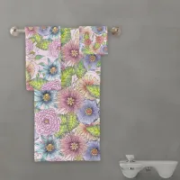 Blossoming Flowers and Green Leaves on Soft Pink Bath Towel Set