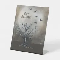 Spooky Halloween Tree with Raven and Bats Pedestal Sign