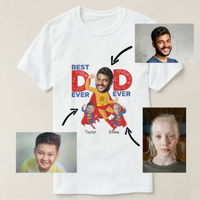 Custom Photo Superhero Dad and Kids Face Funny T-Shirt