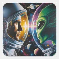 Alien and Astronaut in Space Square Sticker