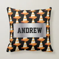 Striped Road Traffic Cone Funny Construction Throw Pillow