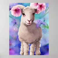 Spring Easter Lamb Floral Watercolor Poster