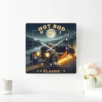 Classic hot rod cruising by moonlit lake at night square wall clock