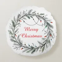 Minimalist Christmas Wreath and Lights Round Pillow