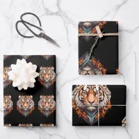 Tiger Portrait Head with Orange Colour on black  Wrapping Paper Sheets