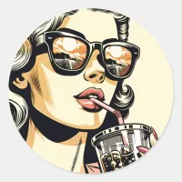 Pop Art Comic Book Pretty Woman Drinking Soda Classic Round Sticker