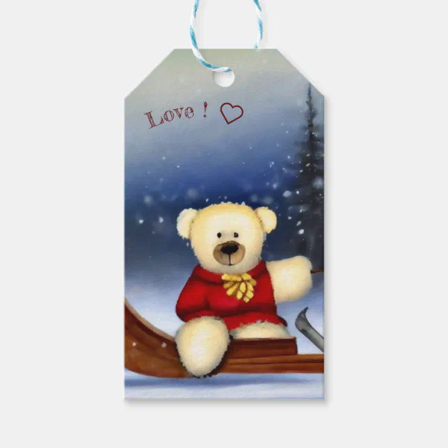 Bear on a sledge in the snow gift tags