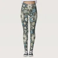 Blue and Gold Snowflakes and Flowers Holiday Leggings