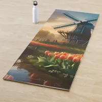 Windmill in Dutch Countryside by River with Tulips Yoga Mat