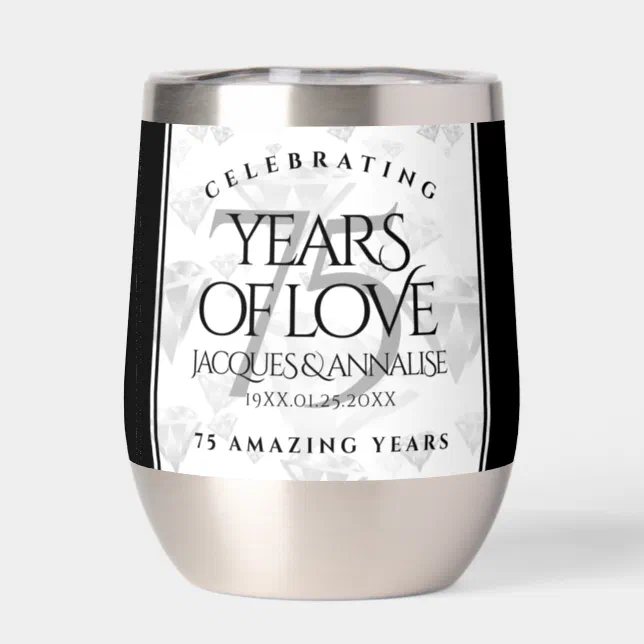 Elegant 75th Diamond Wedding Anniversary Thermal Wine Tumbler