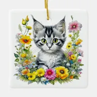 Whimsical Cat and Flowers Personalized Christmas Ceramic Ornament