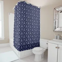 Beach House Coastal Navy Blue Nautical Anchors Shower Curtain