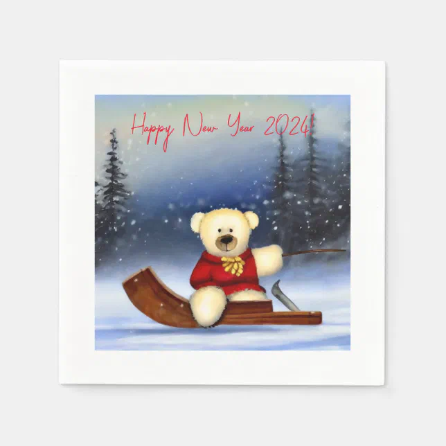Bear on a sledge in the snow napkins