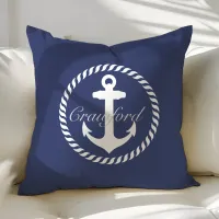 Preppy Navy Blue & White Nautical Anchor Monogram Throw Pillow