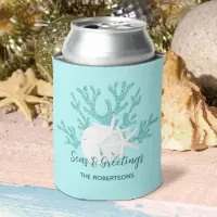 Beach Christmas Sand Dollar Starfish Aqua Blue  Can Cooler