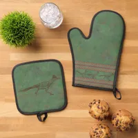 Southwest Roadrunner Sagebrush Green Oven Mitt & Pot Holder Set