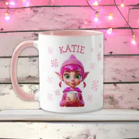 Personalized Christmas Elf Pink Snowflakes Holiday Mug